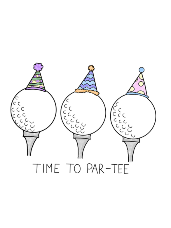 Tegnet fødselsdagskort af 3 golfbolde med hat og teksten "Time to par-tee"