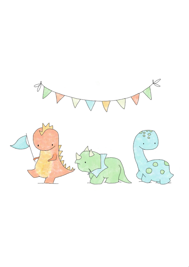 Tegnet plakat af 3 dinosaurer med flag og guirlande