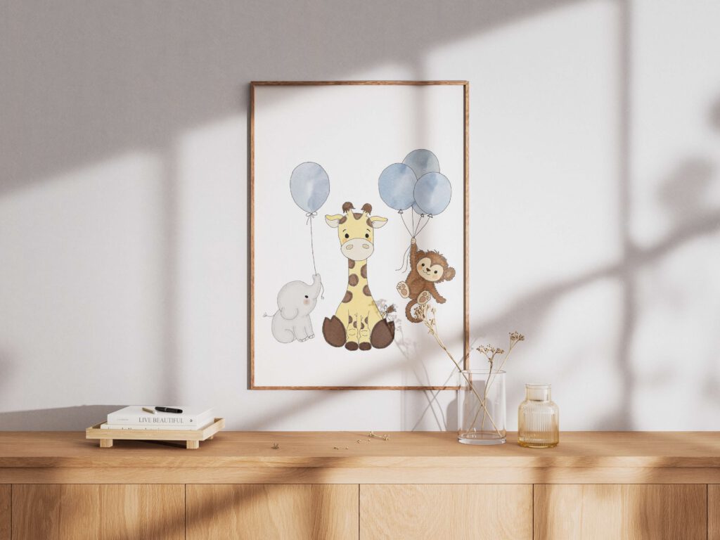Tegnet plakat af elefant, abe og giraf med balloner